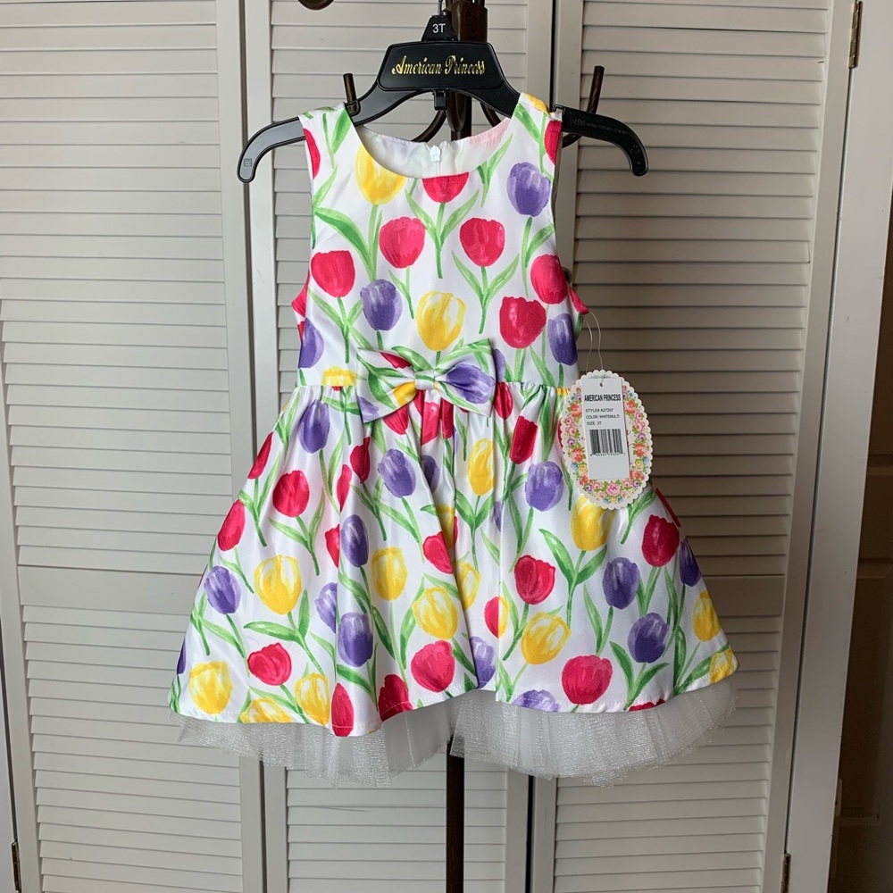 American Princess tulip pink purple green yellow dress spring bow 3T.